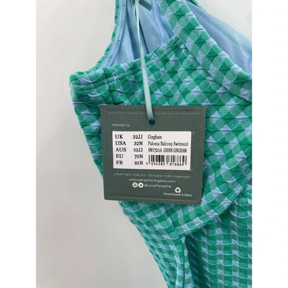 NWT Panache Swim Paloma Balcony Swimsuit Women's 32JJ Green Gingham Summer Beach